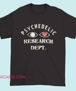 A T-shirt design for a psychedelic research department featuring vibrant, swirling patterns, abstract shapes, and colorful imagery that evoke a psychedelic aesthetic, with text that reads 