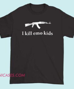 Black t-shirt featuring the text "I kill emo kids" and a small, stylized graphic of a knife below it.
