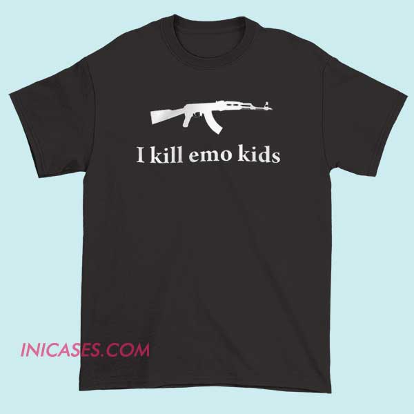 I kill emo kids T shirt cheap Black t-shirt featuring the text "I kill emo kids" and a small, stylized graphic of a knife below it.