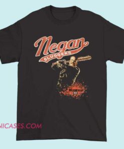 A T-shirt featuring Negan from The Walking Dead, with a bold graphic of his signature baseball bat, Lucille, and the text 