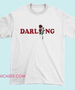 A T-shirt with a delicate or artistic design featuring a rose and the word 
