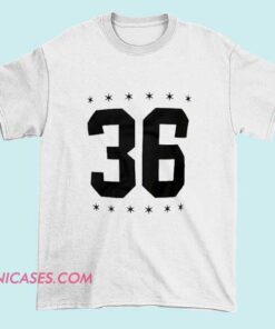 A T-shirt with a design featuring 36 stars arranged in a pattern across the front, creating a bold and patriotic visual.