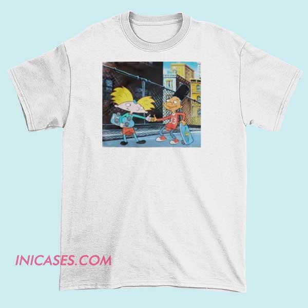 junk food hey arnold handshake T shirt A T-shirt featuring a fun graphic of the "Hey Arnold!" handshake with junk food elements, combining cartoon characters and food imagery in a playful design.