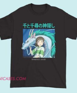 A T-shirt featuring artwork inspired by Studio Ghibli's Spirited Away, showcasing characters like Chihiro and Haku, with a whimsical and magical design that captures the enchanting spirit of the film.