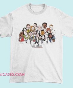A T-shirt with a cartoon-style illustration of the main cast from the TV show "The Office," capturing their iconic characters in a fun and playful design