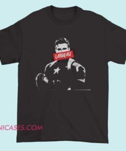 Avengers Captain America Language Marvel T shirt A Marvel-themed T-shirt featuring Captain America, with iconic imagery of the character and language or text related to the Avengers, showcasing a superhero design in vibrant colors.