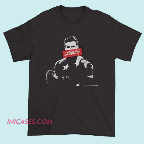 Avengers Captain America Language Marvel T shirt A Marvel-themed T-shirt featuring Captain America, with iconic imagery of the character and language or text related to the Avengers, showcasing a superhero design in vibrant colors.