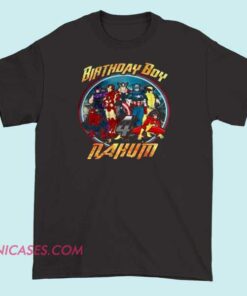A birthday T-shirt themed around the Avengers, featuring popular Marvel superhero logos and characters, with celebratory graphics and vibrant colors to showcase the superhero team on a special occasion.
