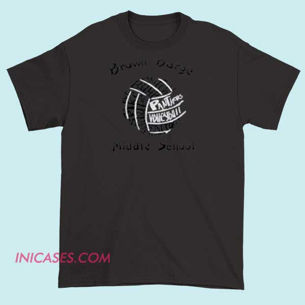 Brown Barge Middle School Panthers volleyball T shirt A Brown Barge Middle School Panthers volleyball T-shirt featuring the school name, a Panther mascot, and volleyball imagery, in school colors, representing the team's spirit.