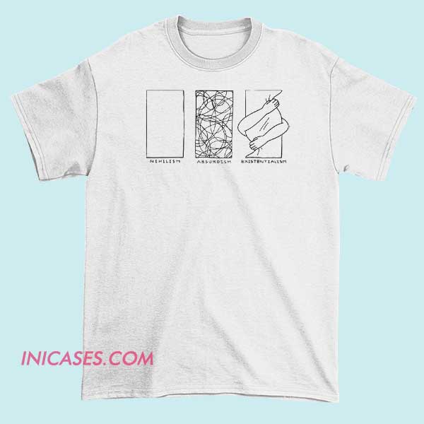 Nihilism Absurdism Existentialism T Shirt A T-shirt with minimalist or bold typography featuring the words "Absurdism" and "Nihilism," representing philosophical themes related to meaning and existence.