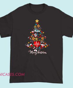 A holiday-themed T-shirt that says "Merry Christmas Nurse," featuring festive graphics like Christmas trees, snowflakes, or medical symbols, celebrating nurses during the Christmas season.