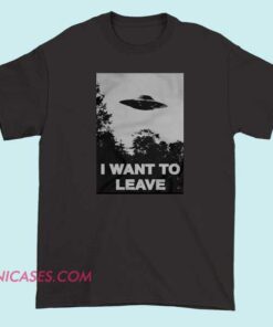 A T-shirt with the message "I want to leave" printed on the front, expressing a desire to escape or take a break, in a casual style.