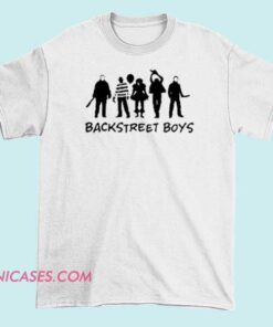 Horror Characters Backstreet Boys T Shirt A T-shirt design combining horror characters with a Backstreet Boys theme, featuring spooky or creepy horror figures alongside the band's name or logo, blending scary and musical elements for a unique, themed apparel.