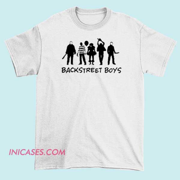 Horror Characters Backstreet Boys T Shirt A T-shirt design combining horror characters with a Backstreet Boys theme, featuring spooky or creepy horror figures alongside the band's name or logo, blending scary and musical elements for a unique, themed apparel.