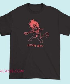 A T-shirt featuring Trippie Redd's Hellboy-inspired artwork with a Bart Simpson character, showcasing a bold, colorful design that blends music, pop culture, and comic book themes.