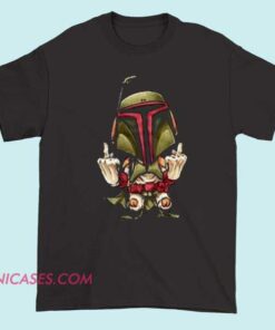 A T-shirt featuring an image of Boba Fett's helmet with a graphic of a raised middle finger, combining Star Wars fandom with rebellious humor.