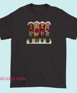A T-shirt featuring festive Christmas-themed artwork of Bratz dolls, decorated with holiday accessories like Santa hats, scarves, and Christmas ornaments, celebrating the holiday season.