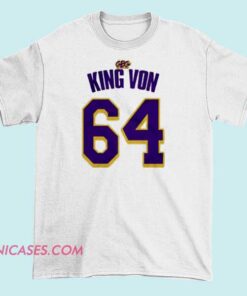 A T-shirt featuring artwork or text related to King Von and the number 64, representing the rapper's branding or tribute design.