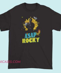 A T-shirt featuring a design inspired by ASAP Rocky, with vibrant floral artwork and artistic elements reflecting his style and music influence.