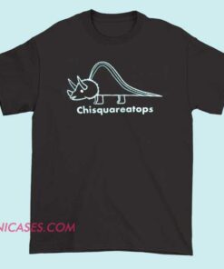 A fun and playful T-shirt featuring the word "Chisquareatops" with a colorful, dinosaur-themed design, blending statistics and prehistoric fun for science enthusiasts.