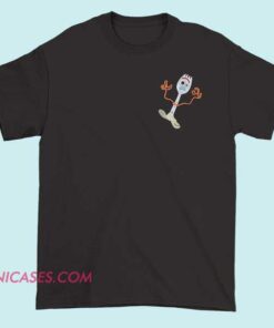 A T-shirt featuring Forky, the spork-turned-toy character from Toy Story, shown in a playful or adorable pose, inspired by the character's appearance.