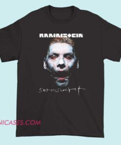 A T-shirt design inspired by Rammstein's album "Sehnsucht," featuring artwork or text related to the band and the album, possibly including imagery associated with the album's themes or band members.