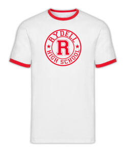 A Rydell High School ringer T-shirt with contrasting collar and sleeve bands, featuring the school's name and emblem in a vintage style, reminiscent of classic high school varsity apparel.