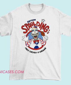 Captain Spaulding the Clown Fried Chicken and Gasoline Shirt featuring horror clown artwork, unisex movies clothing streetwear for cult film fans.