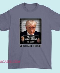 Never Goon Trump Mugshot Political Satire Shirt bold anti-Trump graphic tee featuring mugshot parody design, soft cotton fabric, and aesthetic unisex streetwear fit.