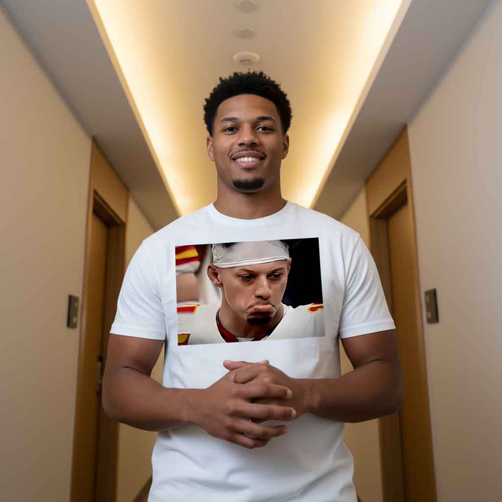Funny Photo Mahomes Sad Face Shirt Funny Mahomes sad face shirt featuring a viral reaction photo meme. Humorous NFL parody t-shirt for football fans, sports humor lovers, and pop culture collectors who enjoy expressive athlete graphic tees.
