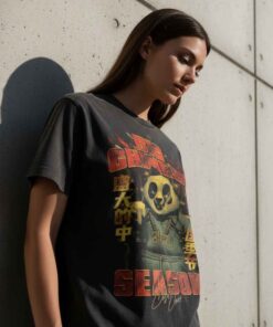 Panda smoking graphic t-shirt featuring a bold panda illustration with streetwear attitude, inspired by Big Chinese Season style, perfect for meme culture fans, urban fashion lovers, and edgy graphic tee collectors.