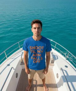 Inspired gym workout t-shirt featuring bold motivational text “Shoot Till My Arms Fell Off,” designed for fitness lovers, weightlifting fans, gym motivation seekers, and hardcore training lifestyle apparel.