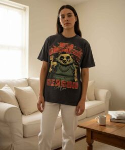Panda smoking graphic t-shirt featuring a bold panda illustration with streetwear attitude, inspired by Big Chinese Season style, perfect for meme culture fans, urban fashion lovers, and edgy graphic tee collectors.