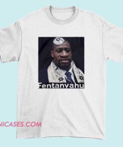 Portrait graphic t-shirt featuring a stylized illustration of Jamin Fentanyahu in a satirical art style, designed for parody fashion fans, political humor lovers, and bold graphic tee collectors.
