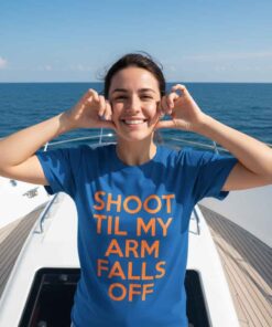 Inspired gym workout t-shirt featuring bold motivational text “Shoot Till My Arms Fell Off,” designed for fitness lovers, weightlifting fans, gym motivation seekers, and hardcore training lifestyle apparel.