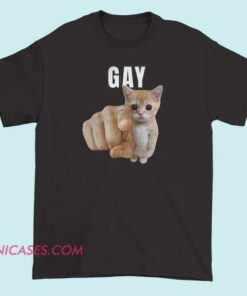 Gay pointing meme cat illustration shirt featuring a humorous LGBTQ pride cat design with a bold pointing gesture, perfect for meme lovers, pride supporters, internet humor fans, and casual graphic tee streetwear.