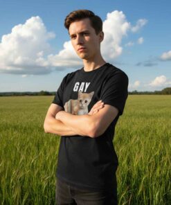 Gay pointing meme cat illustration shirt featuring a humorous LGBTQ pride cat design with a bold pointing gesture, perfect for meme lovers, pride supporters, internet humor fans, and casual graphic tee streetwear.