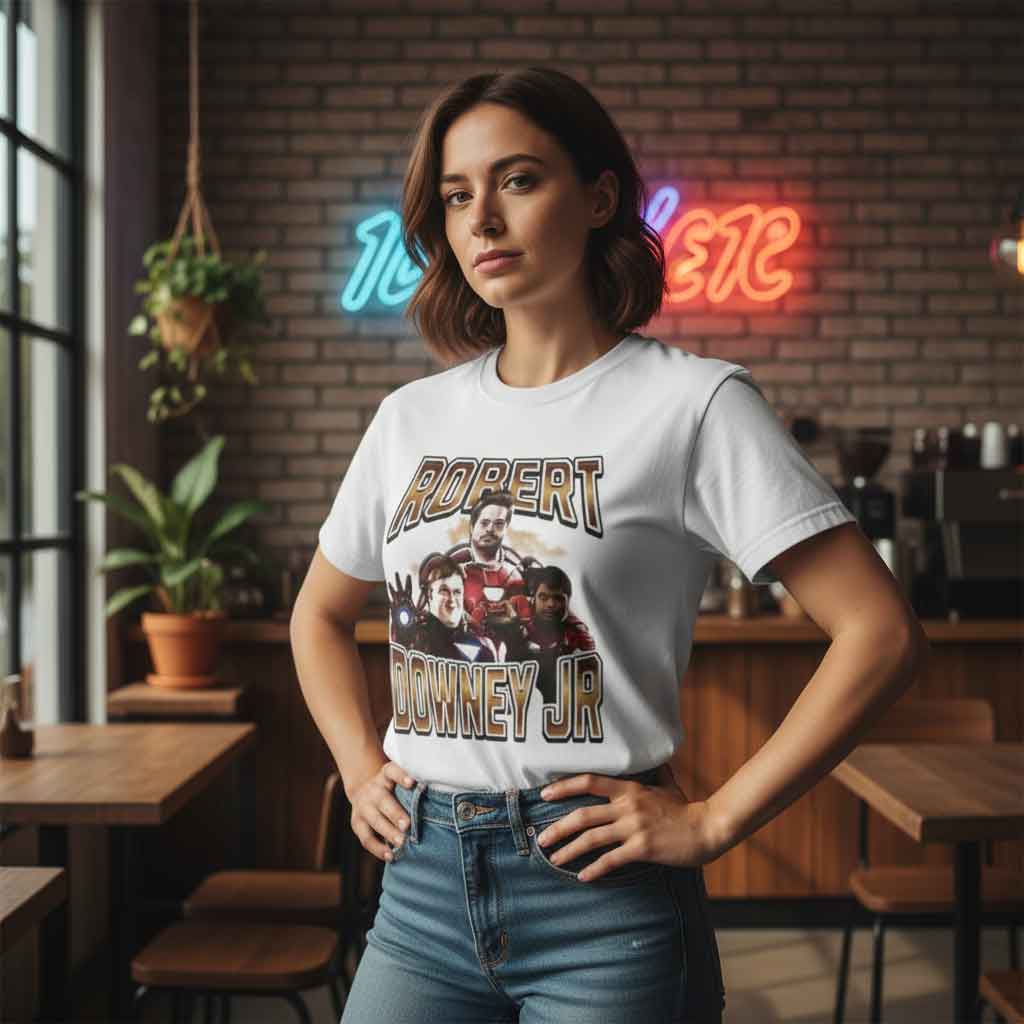 Robert Downey Syndrome Graphic Photo Shirt Robert Downey Syndrome graphic photo shirt featuring a bold parody-style celebrity inspired image, combining meme culture, pop culture humor, and expressive graphic tee design for casual streetwear fans.