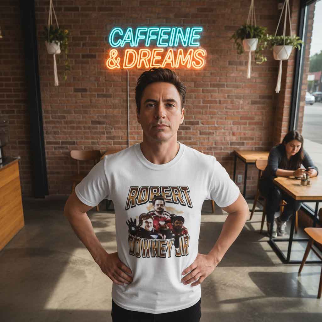 Robert Downey Syndrome Graphic Photo Shirt Robert Downey Syndrome graphic photo shirt featuring a bold parody-style celebrity inspired image, combining meme culture, pop culture humor, and expressive graphic tee design for casual streetwear fans.