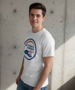 Vintage Logo Design Nathan’s Airport shirt featuring a retro-inspired airport-style logo graphic, perfect for travel lovers, aviation fans, classic typography enthusiasts, and casual streetwear graphic tee collectors.