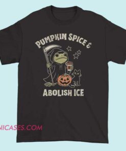 Parody Grim Reaper frog graphic T-shirt with “Abolish ICE” slogan, dark humor political satire design, meme-inspired activist streetwear tee for fans of edgy parody and statement apparel