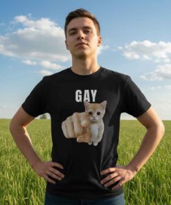 Gay pointing meme cat illustration shirt featuring a humorous LGBTQ pride cat design with a bold pointing gesture, perfect for meme lovers, pride supporters, internet humor fans, and casual graphic tee streetwear.
