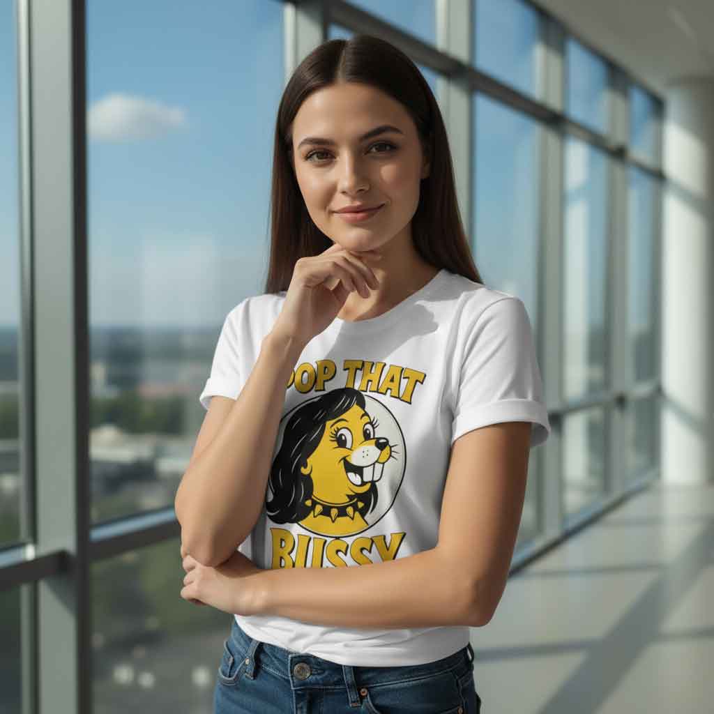 Buc-Ees Parody Pop That Bussy Shirt Funny Buc-Ees parody graphic T-shirt with “Pop That Bussy” meme text, bold gas station–inspired design, humorous novelty streetwear tee for adults who love viral jokes and parody apparel
