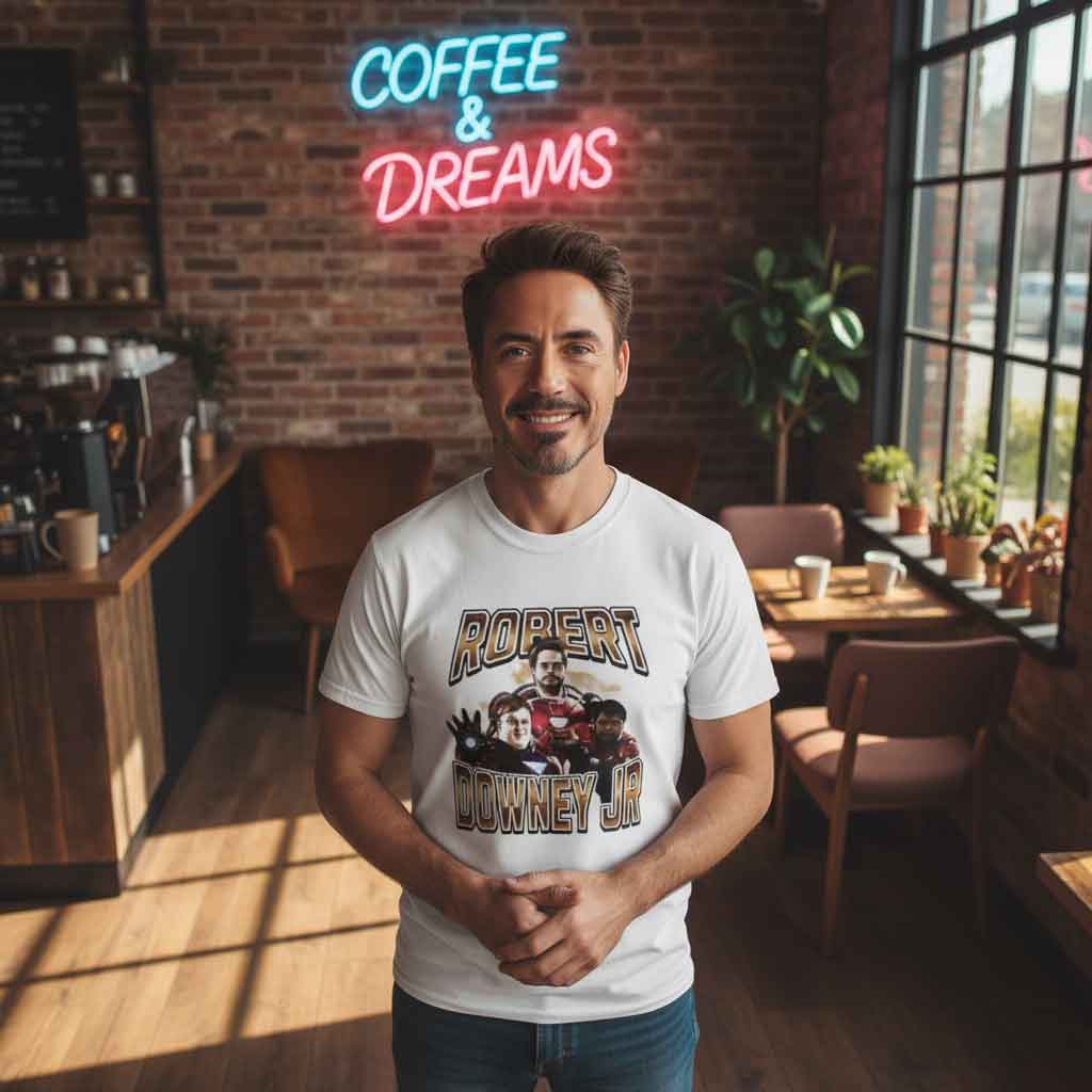 Robert Downey Syndrome Graphic Photo Shirt Robert Downey Syndrome graphic photo shirt featuring a bold parody-style celebrity inspired image, combining meme culture, pop culture humor, and expressive graphic tee design for casual streetwear fans.