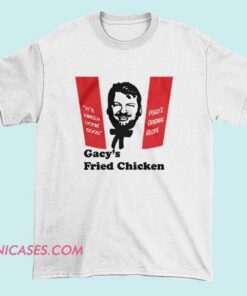 Dark humor parody Gacy’s Fried Chicken T-shirt featuring vintage fast food style graphic and edgy satire design. Controversial parody graphic tee with retro restaurant logo style for dark humor fans.