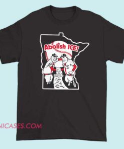 Funny Character Baseball Abolish Ice Twin Shirt with cartoon baseball twin graphic printed on cotton short sleeve tee, activist style humor shirt in black or white casual apparel