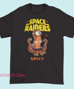 Inspired Spooky Squid Spicy Space Raiders T Shirt with cartoon squid and space theme graphic printed on cotton short sleeve tee, fun sci fi snack parody shirt in black or white