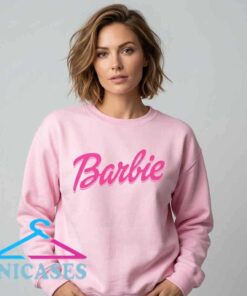 Barbie Pink Background Aesthetic Graphic Sweatshirt featuring stylish pink typography on soft cotton apparel, trendy graphic fashion for women, casual streetwear, retro inspired clothing.