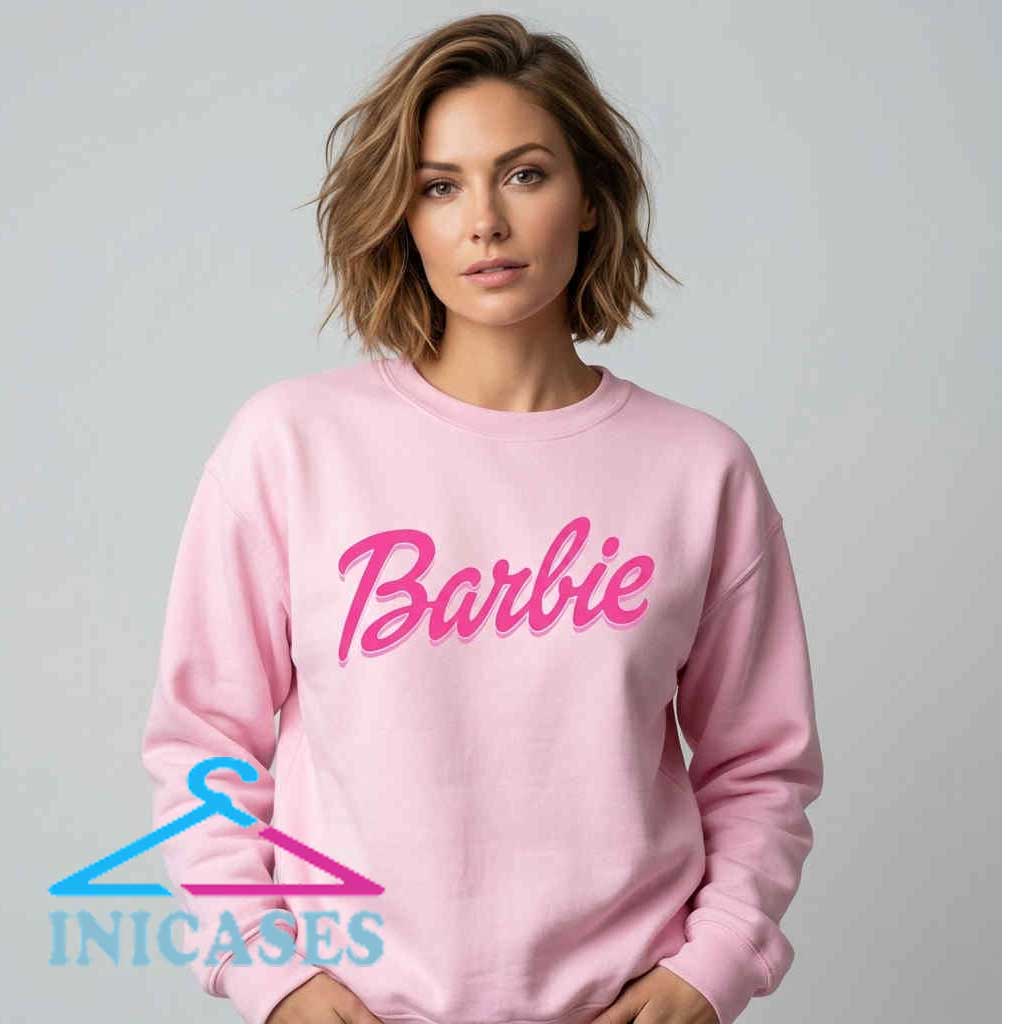Barbie Aesthetic Font on Pink Background Sweatshirt Barbie Pink Background Aesthetic Graphic Sweatshirt featuring stylish pink typography on soft cotton apparel, trendy graphic fashion for women, casual streetwear, retro inspired clothing.