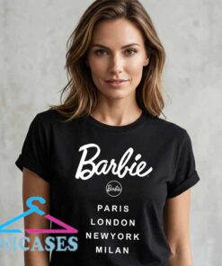 Barbie Paris London Milan Fashion Graphic T Shirt featuring stylish city inspired artwork on soft cotton fabric, fashion travel apparel, aesthetic graphic tee, casual streetwear clothing.